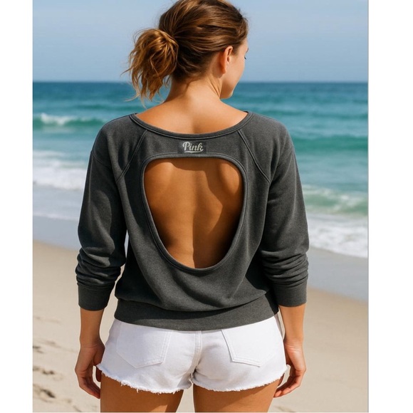 PINK Tops - PINK Victoria’s Secret Seas The Day Charcoal Yoga Sweatshirt Cutout Back Size L
